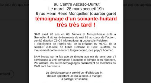 « Témoignage d’un soixante-huitard, très, très tard » présenté par SAM.