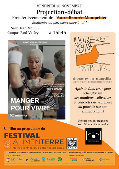 Ciné-débat "Manger pour vivre" - Lancement de l'Autre rentrée Montpellier