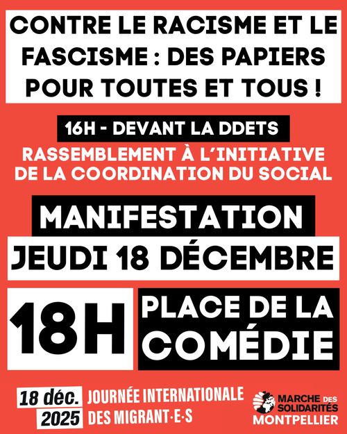 Manifestation Journée internationalle des migrant-es  - 18h Place de la Comédié à Montpellier