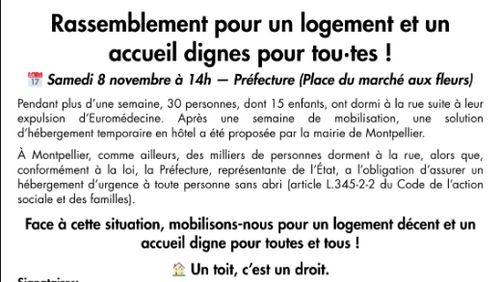  Rassemblement Pour un logement et un accueil dignes pour tou·tes ! - samedi 8 novembre à 14h – Préfecture