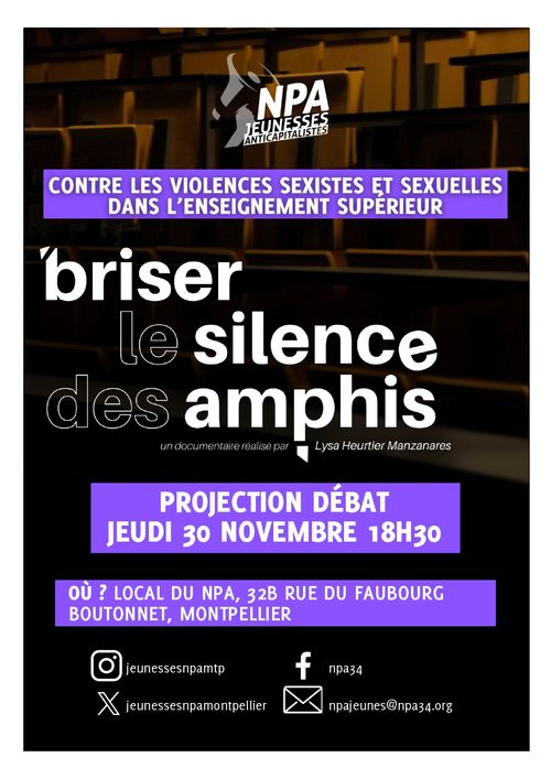 Projection-débat : Contre les violences sexistes et sexuelles dans l'Enseignement Supérieur et la Recherche, film "Briser le silence des amphis" de Lysa Heurtier Manzanares