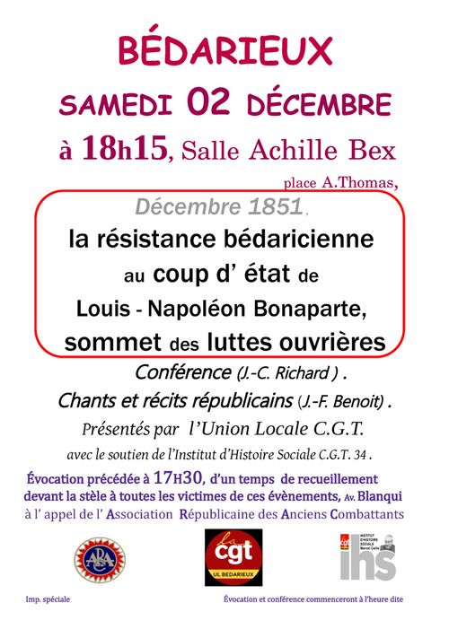 Conférence "La résistance bédaricienne au coup d'Etat de Louis-Napoléon Bonaprte, sommet des luttes ouvrières" 
